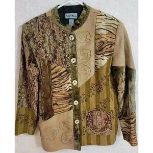 Vtg Indigo Moon Jacket Womens Medium Brown Art to Wear Patchwork Mixed Media
